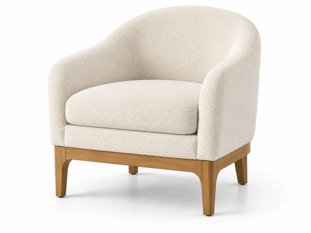 Poltrona in Tessuto Bouclé Beige con Struttura in Legno