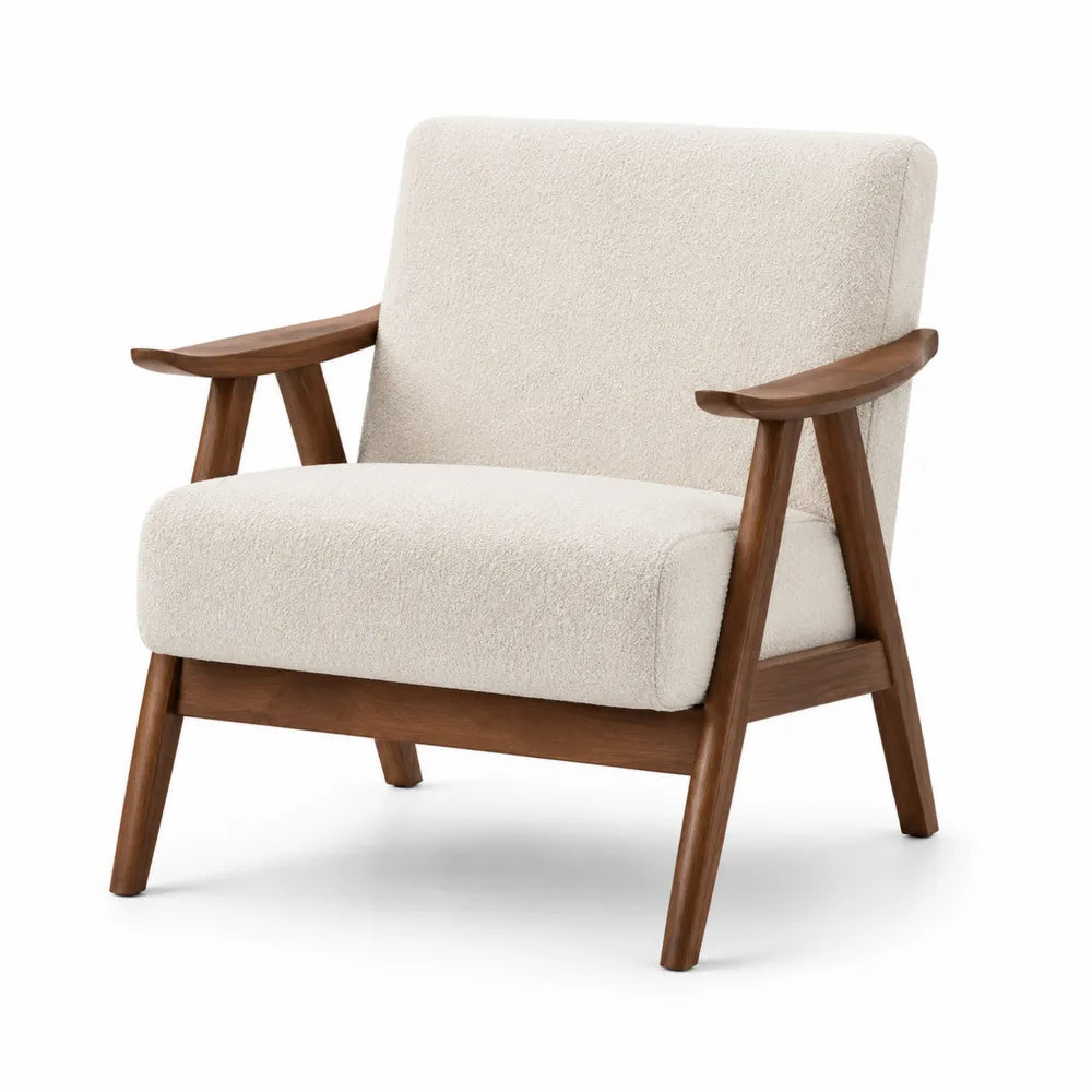 Poltrona in Legno con Rivestimento in Tessuto Crema