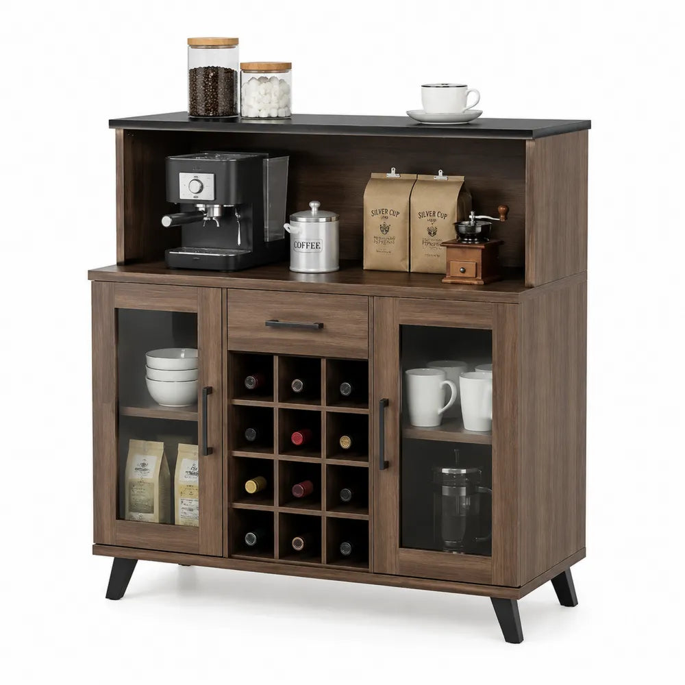 Credenza in Legno con Portabottiglie e Ante in Vetro Temperato