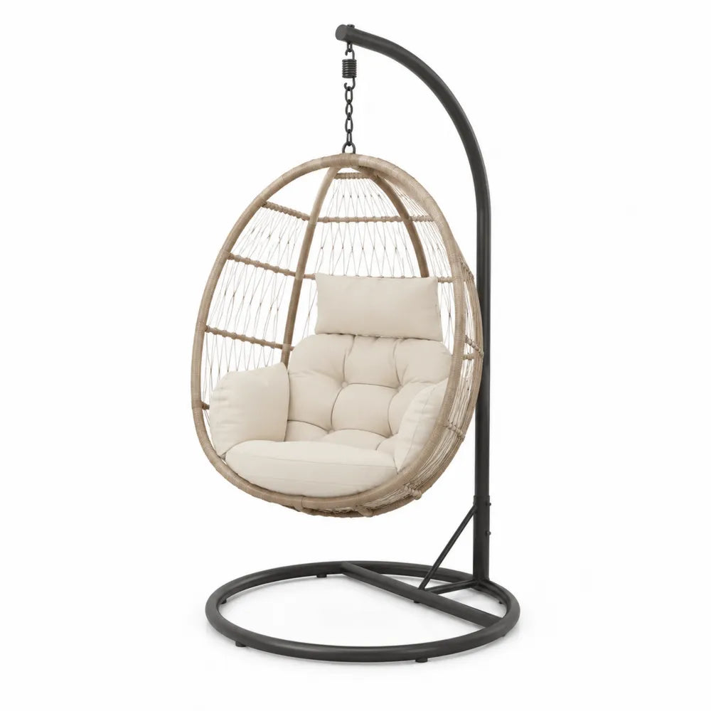 Sedia Sospesa in Rattan Sintetico e Acciaio con Cuscino Beige