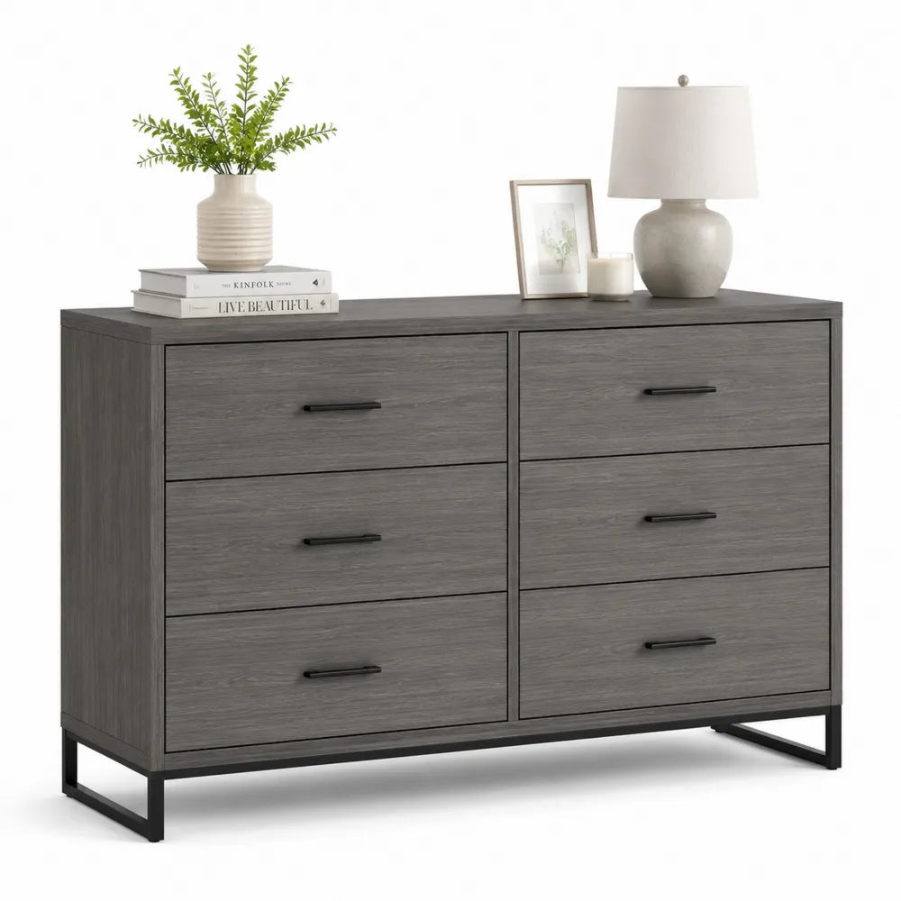 Cassettiera in Legno Grigio con 6 Cassetti e Telaio in Metallo