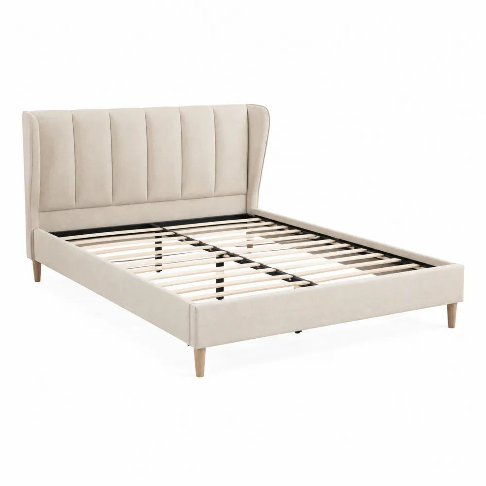 Letto Matrimoniale in Tessuto con Testiera Imbottita Beige