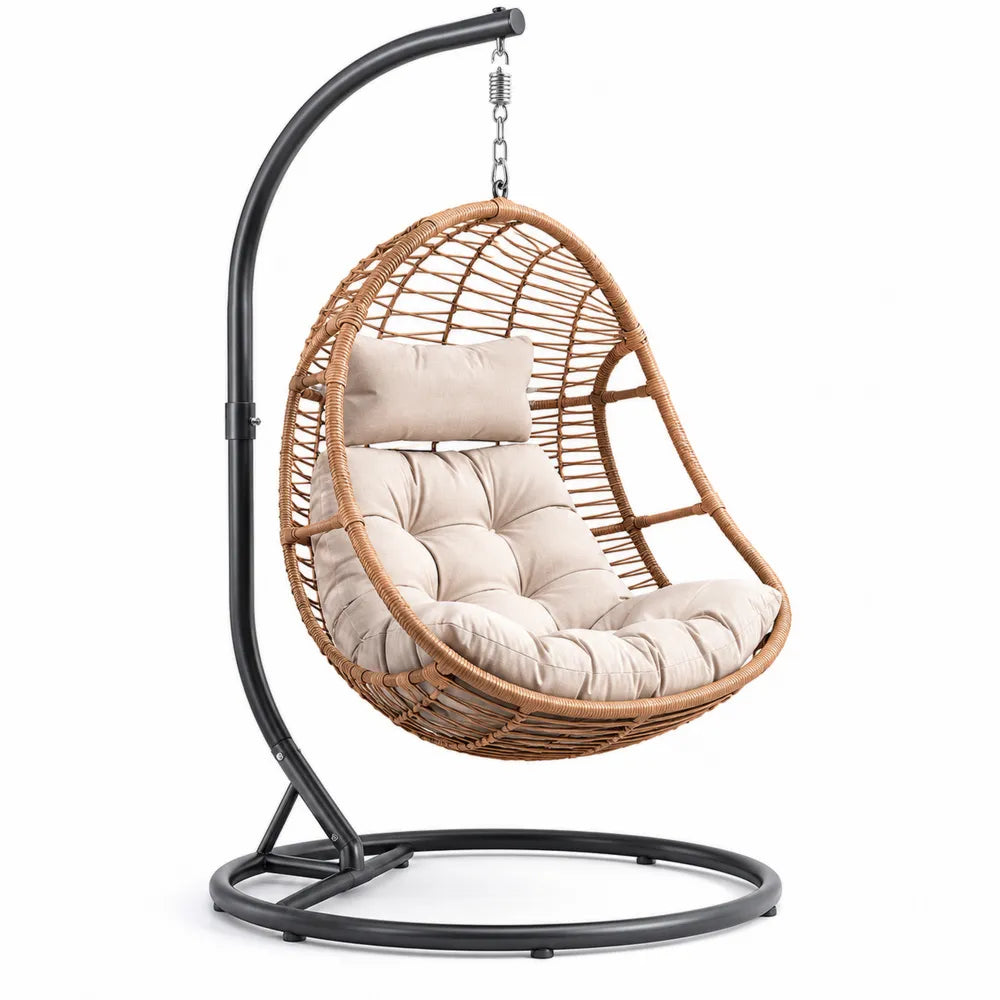Sedia Sospesa in Rattan Sintetico con Cuscino Beige e Supporto in Acciaio