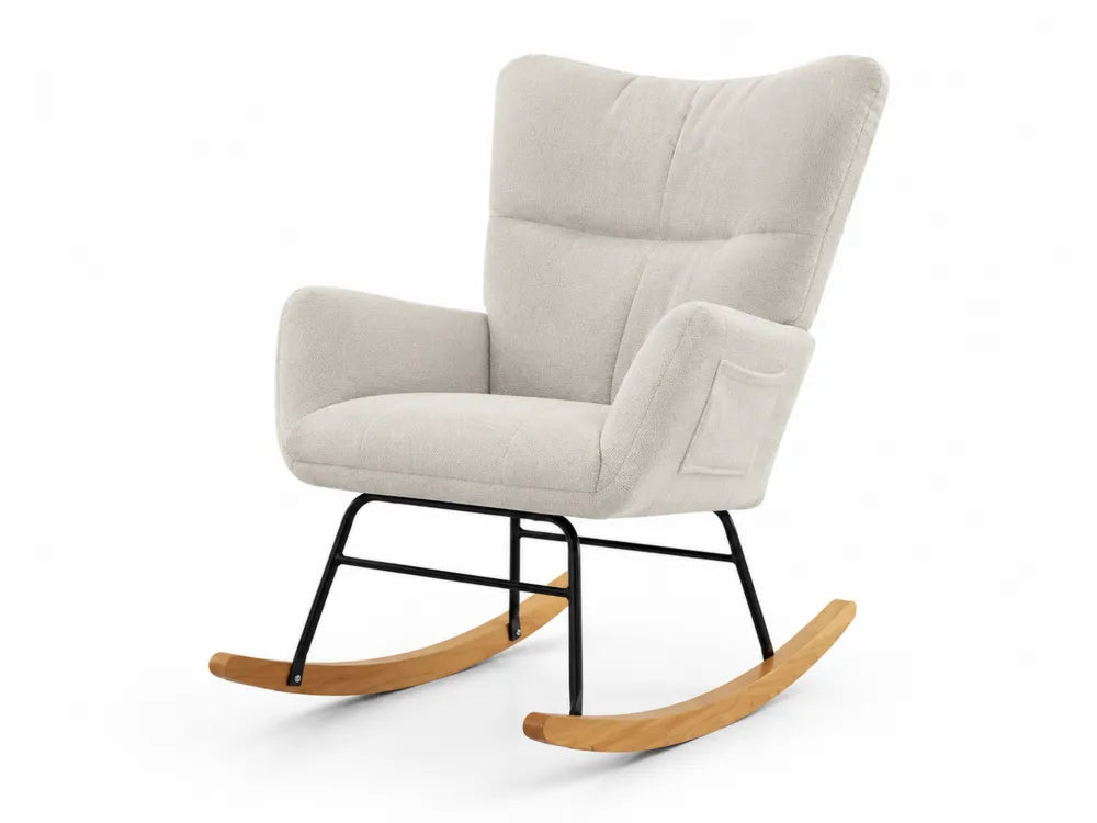 Sedia a Dondolo in Tessuto Beige con Gambe in Legno e Metallo