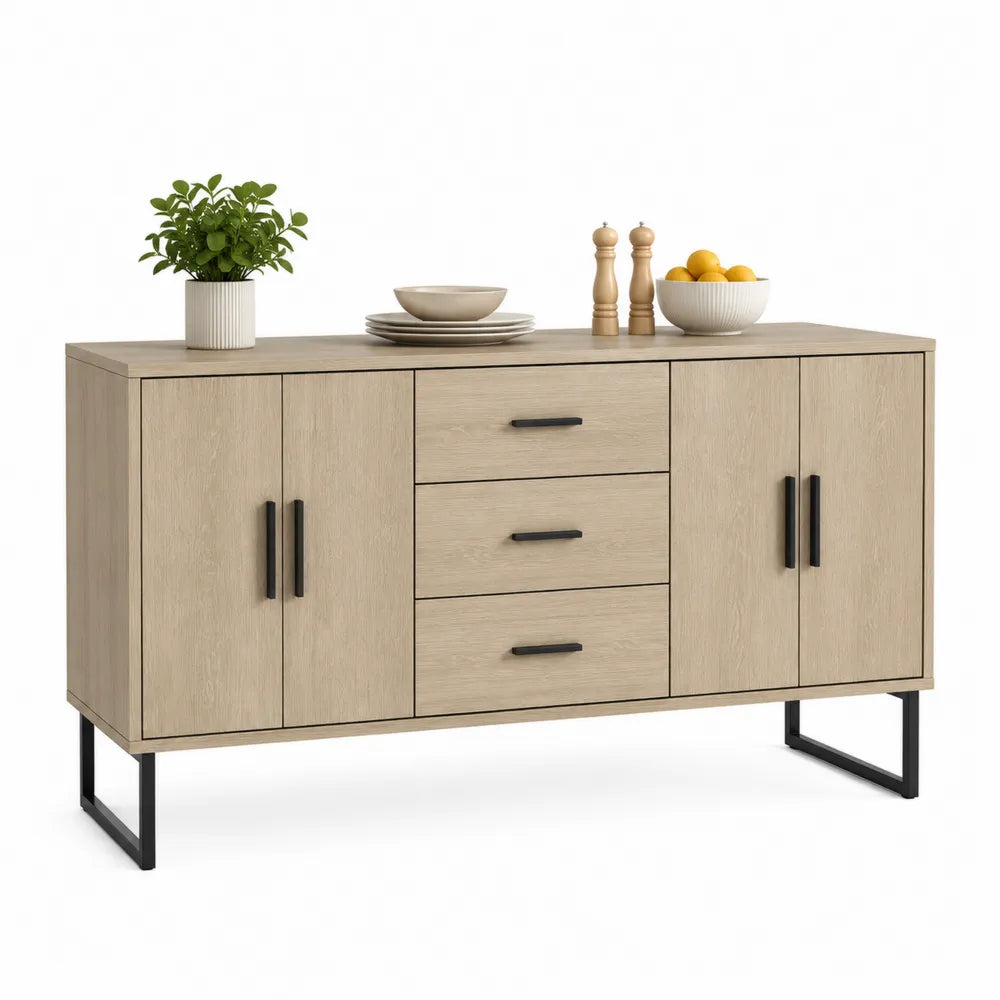 Credenza in legno chiaro con acciaio, 150x40x80 cm