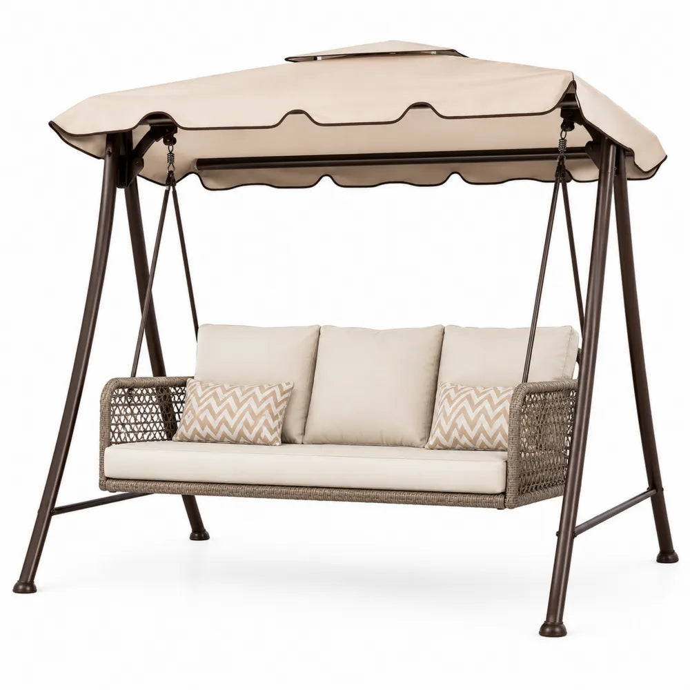 Dondolo da Giardino con Struttura in Metallo e Seduta in Rattan Sintetico Crema