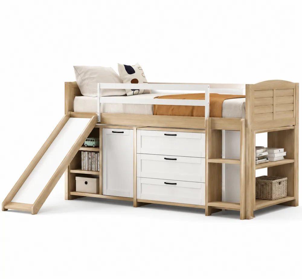 Letto a soppalco in legno con scivolo e cassetti bianchi 200x100 cm