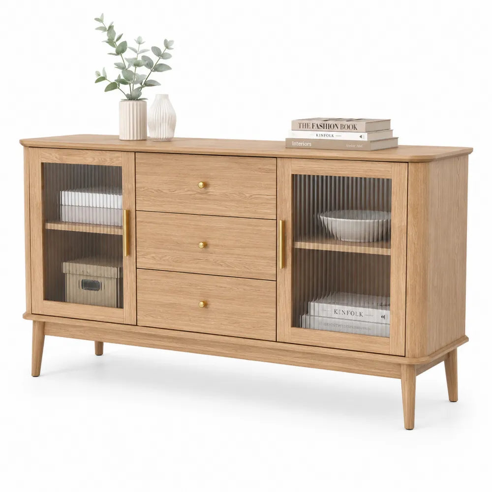 Credenza rovere con vetro a coste e 3 cassetti