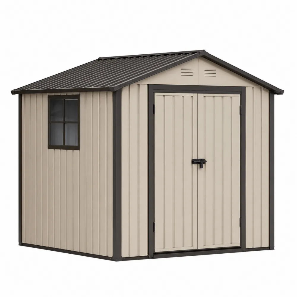 Capannone da Giardino in Lamiera Zincata Beige con Porta e Finestra