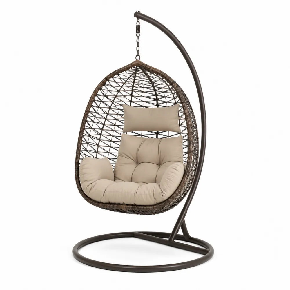 Sedia Sospesa in Rattan Sintetico con Cuscini in Poliestere Beige