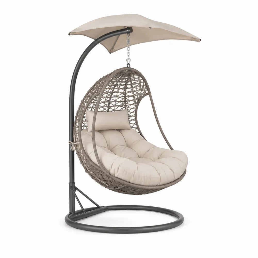Sedia Sospesa in Metallo con Rattan Sintetico e Cuscino Beige